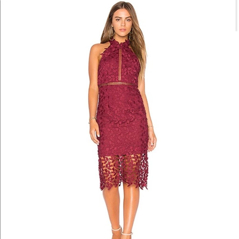 Bardot Women's Gemma Halter Dress Burgundy Red Lace Strappy Back Eyelet Sheath 6